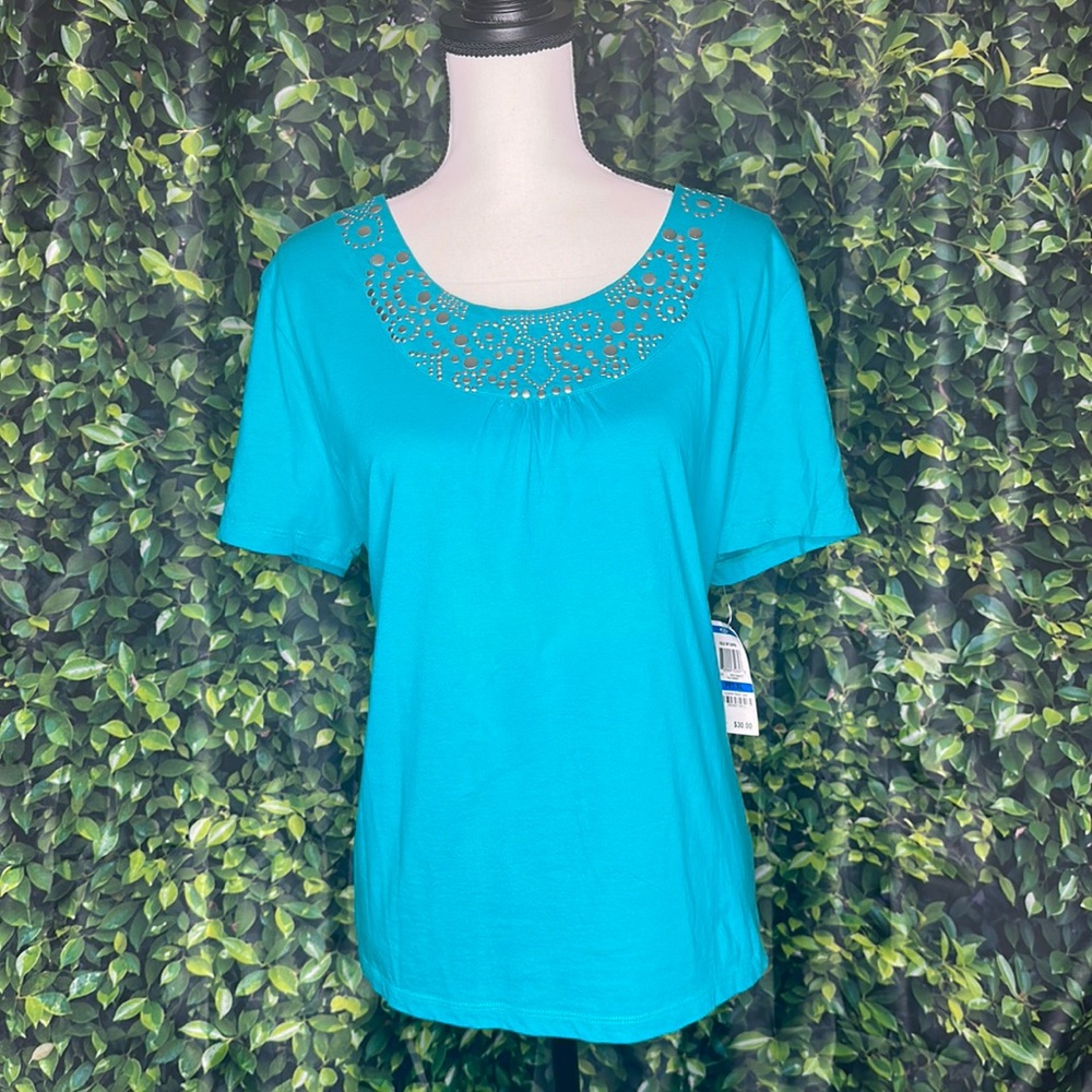 JM Collection Teal Short Sleeve Shirt with Embellishments on the collar  NWT
